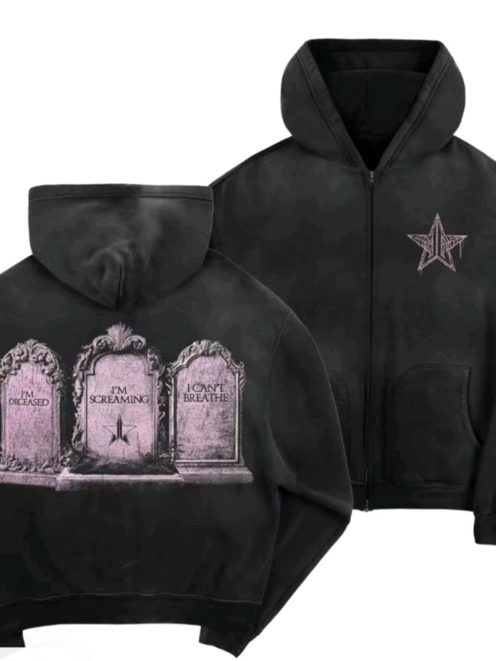 Jeffree Star Black Zip-Up Hoodie with Pale Pink Tombstone Graphics